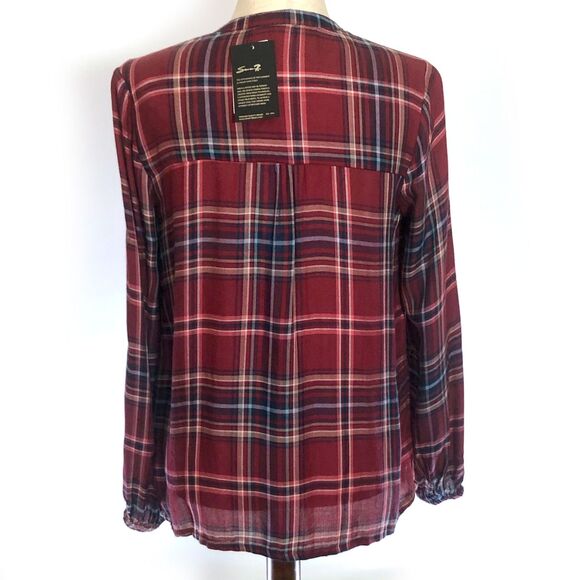 Seven7 Maroon Plaid Peasant Tie Neck Button Top SM - Picture 3 of 8